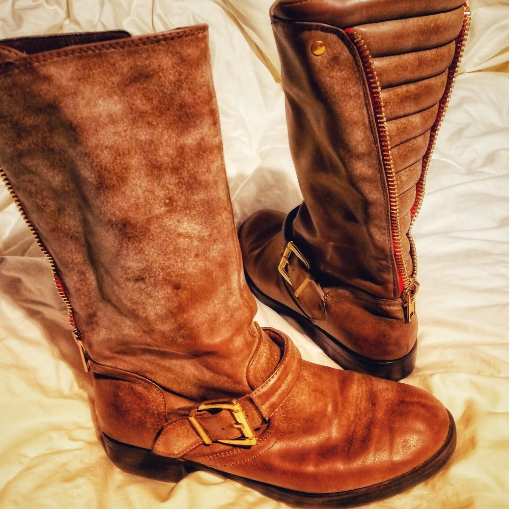 Justfab mid-calf brown moto boots with buckle. light brown size 8.5